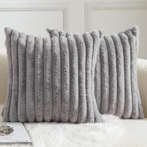 MANDIOO Pack of 2 Decorative Throw Pillow Covers Faux Fur Striped Plush Soft Cushion Covers Pillow Cases Bedroom Living Room Sofa Home 24x24 Inch Grey (24" x 24" (Pack of 2))
