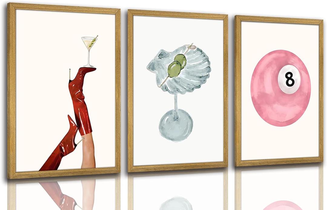 Wood Framed Funky Martini Posters Wall Art Set of 3, Vintage Preppy Aesthetic Canvas Prints, Trendy Pink Number 8 Y2K Girl Room Wall Decor Paintings for Dorm Living Room Dining Room Kitchen 16x24In