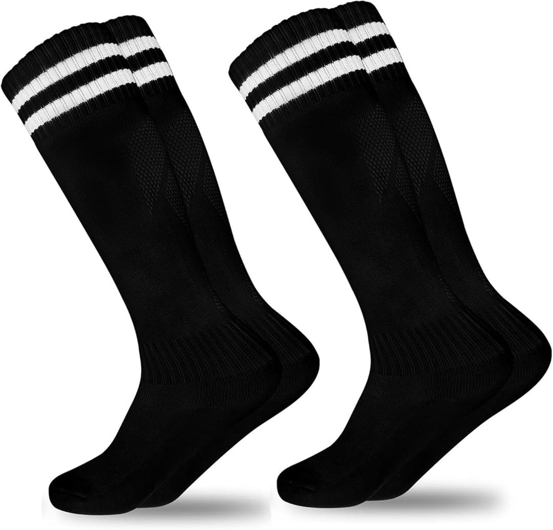 XuoAz 2 Pairs Kids Soccer Socks for Boys Girls - Youth Softball Long Tube Socks Knee High Uniform Sports Socks 6-12 Years (Black)