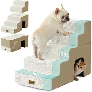 Dog Steps for High Beds - 5 Step 24" H Pet Stairs with Tunnel 2 in 1 with Zippers Suitable for Small Dogs and Cats, Indoor Cat Ladders with Non-Slip Bottom, Beige