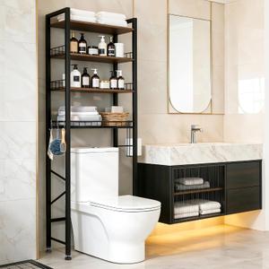 4-Tier Bathroom Organizer Shelf Over The Toilet Storage Cabinet with Feet Pad Over The Toilet Storage Rack with Adjustable Shelf and Basket Bathroom Shelves Above Toilet Bathroom Shelves, 23.6 x 9.4 x 68 inches
