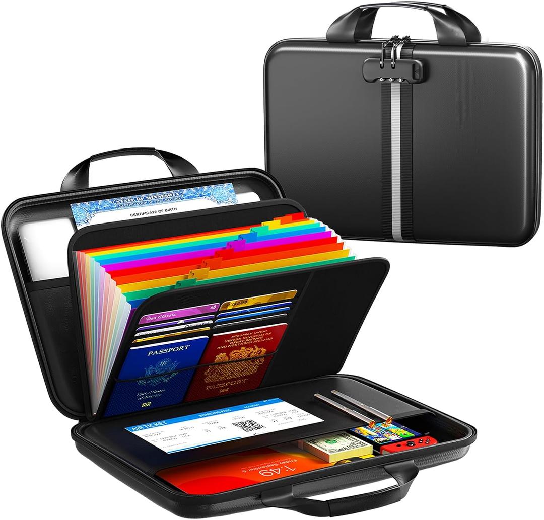Fireproof Document Organizer with Lock, Rigid EVA File Box with 13-Pocket Accordion Folder for Important Documents & Tablets under 11", Lightweight Safe Storage for Home, Office & Travel (Small Size) (Hardshell)