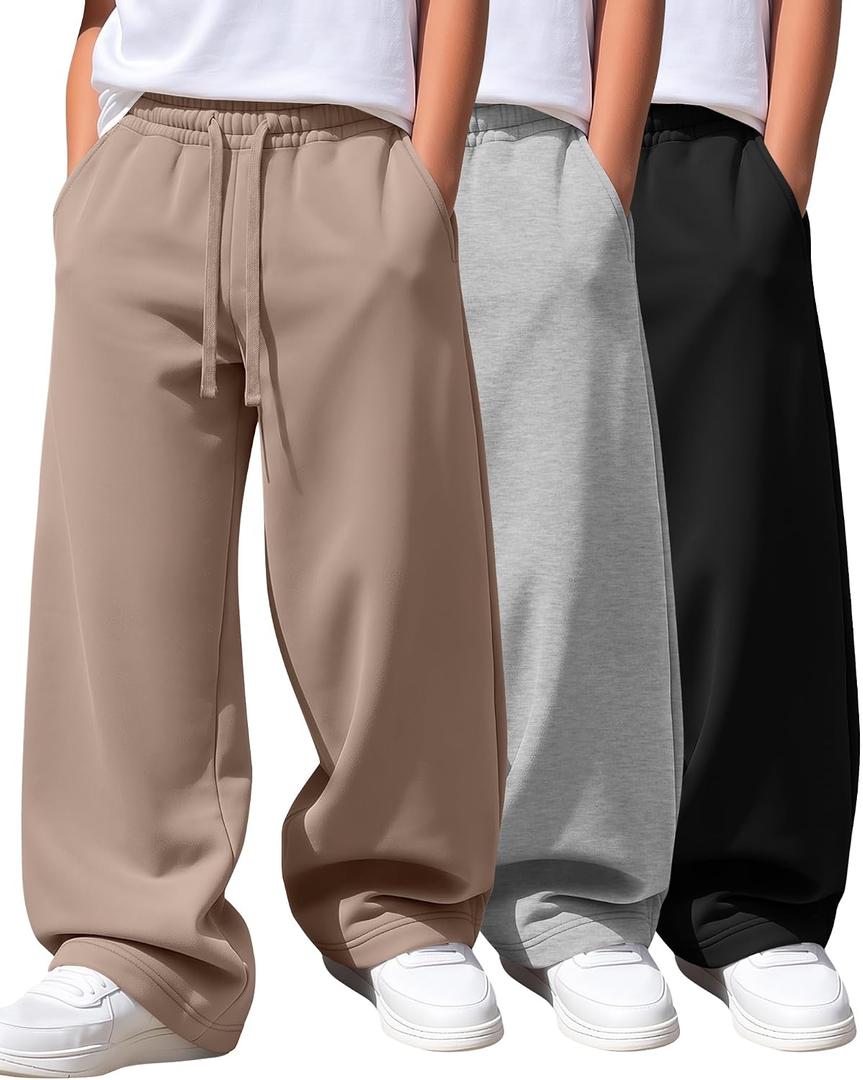 3 Pack Boys Wide Leg Sweatpants Lightweight Baggy Pant, Black Gray Nude XL