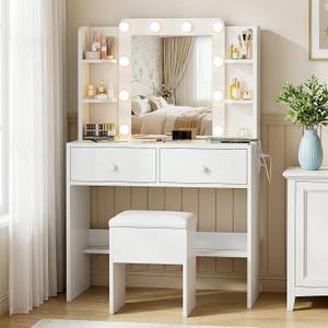 FUXA Vanity Desk with Mirror and Power Outlet, Makeup Vanity with 10 Bulbs and 3 Light Modes, Vanity Table Set with Storage Drawers Shelves and Chair for Bedroom, White (31.5 Inch)