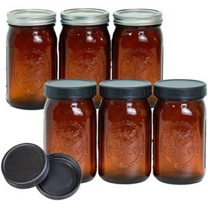 Jumterlee 6 Pack 32 oz Amber Mason Jars, Wide Mouth Mason Jars with Lids and Bands and 6 Black Plastic Mason Jar Lids, Canning Jars Used for Canning, Pickling, Juice, Jam, Jelly