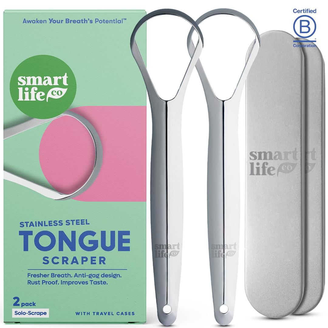 Tongue Scraper For Adults & Kids - 2 Pack Stainless Steel Tongue Scraper Travel Metal Case | Mouth Cleaner For Bad Breath Treatment | Best Disposable No Plastic Scrubber | Oral Care Hygiene Essentials