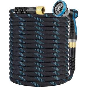 Garden Hose Non-Expandable 100 ft, Lightweight Flexible Water Hose with 10 Function Spray Nozzle, Outdoor Leak Proof, Kink-Free, Portable Hose for Yard, Lawn, Camper, High-Density Fabric, Black Blue
