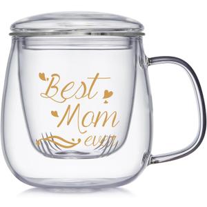 2 x Glass Tea Cup 17.6oz, Best Mom Ever Mothers Day Cup with Gift Box, Gifts Mug for Mom, Glass Mug Teacup, Tea Cups for Mom Birthday, Perfect for Grandma & Daughter.