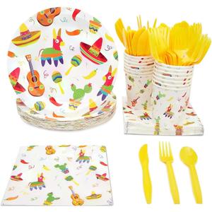BLUE PANDA 144 Piece Let's Fiesta Dinnerware Set for Cinco de Mayo Party Supplies, Taco Tuesday Decorations (Serves 24)