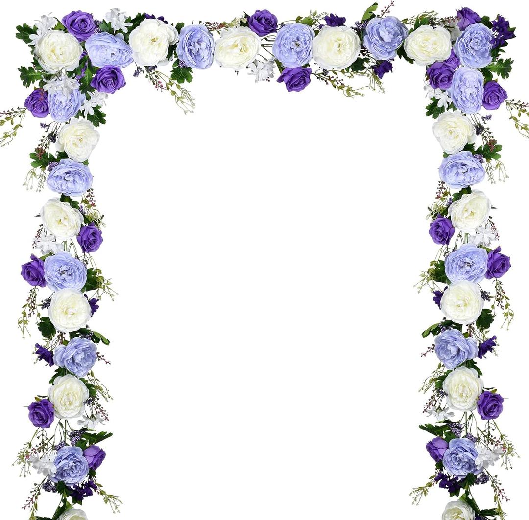 DearHouse Artificial Peony Flower Garland - 6ft Silk Peony Garland with White Purple Flowers for Wedding Party Table Decoration