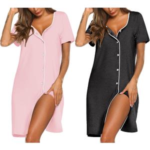 Ekouaer Nightgowns for Women 2 Pack Button Down Sleepshirt Short Sleeve Nightshirt Soft Sleepwear V Neck Pajama Dress (Gray, M)