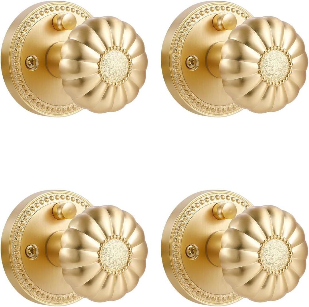 Gold Door Knobs Privacy Door Knob Satin Brass Door Knob Interior Brushed Gold Door Knobs for Bedroom and Bathroom,Zinc Alloy 4 Pack
