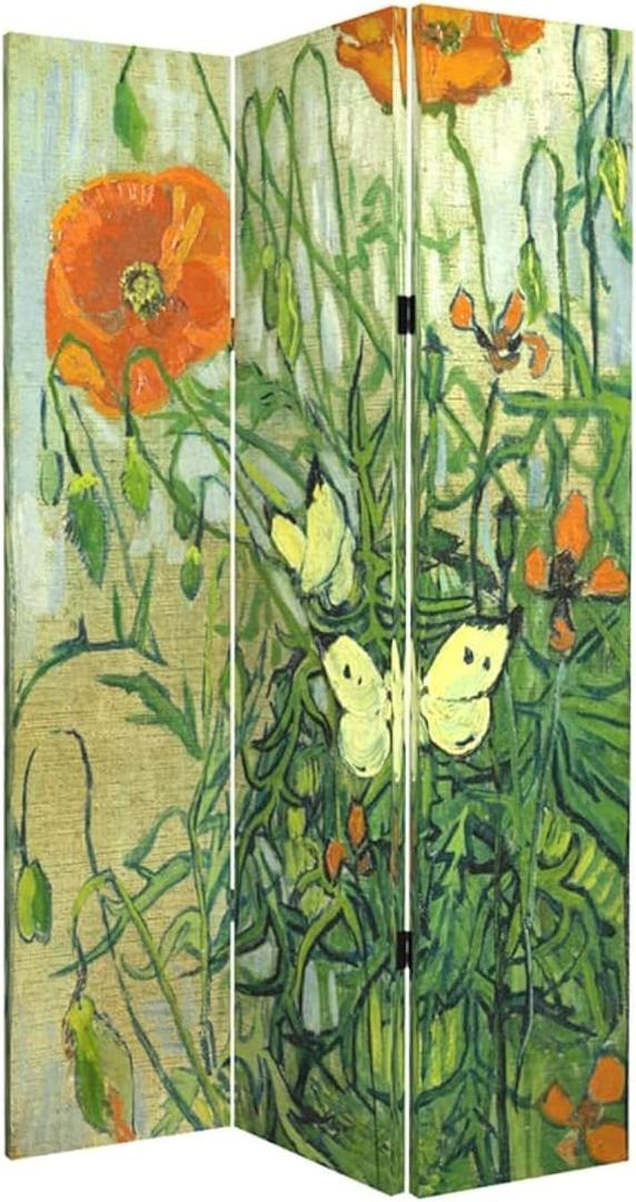 Room Divider Wood Privacy Screens Van Gogh's Butterflies and Poppies Painting Canvas 3-Panel Foldable Portable Separating Divider Room Partitions Freestanding Home Decor 71'' High