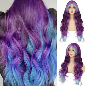 Tseses Blue Purple Long Curly Wigs for Women Ombre Purple Wave Synthetic Natural Soft Hair Funny Wigs for Cosplay Party