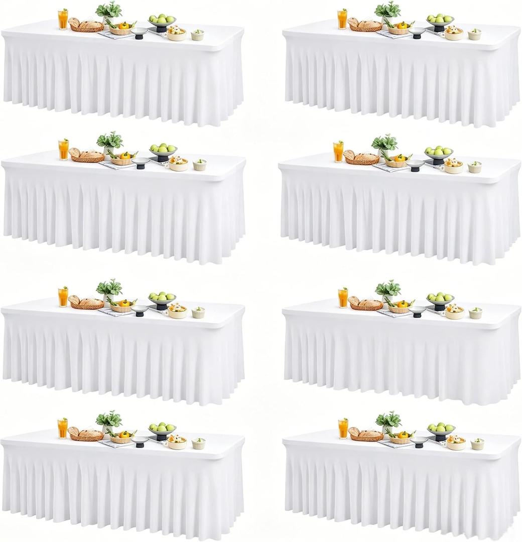 Wish Care 8 Pack White Spandex Table Clothes for 6 Foot Rectangle Tables, 6FT Wrinkle Free Fitted Tablecloths Ruffles Design Table Cloth for Party, Banquet, Wedding and Events