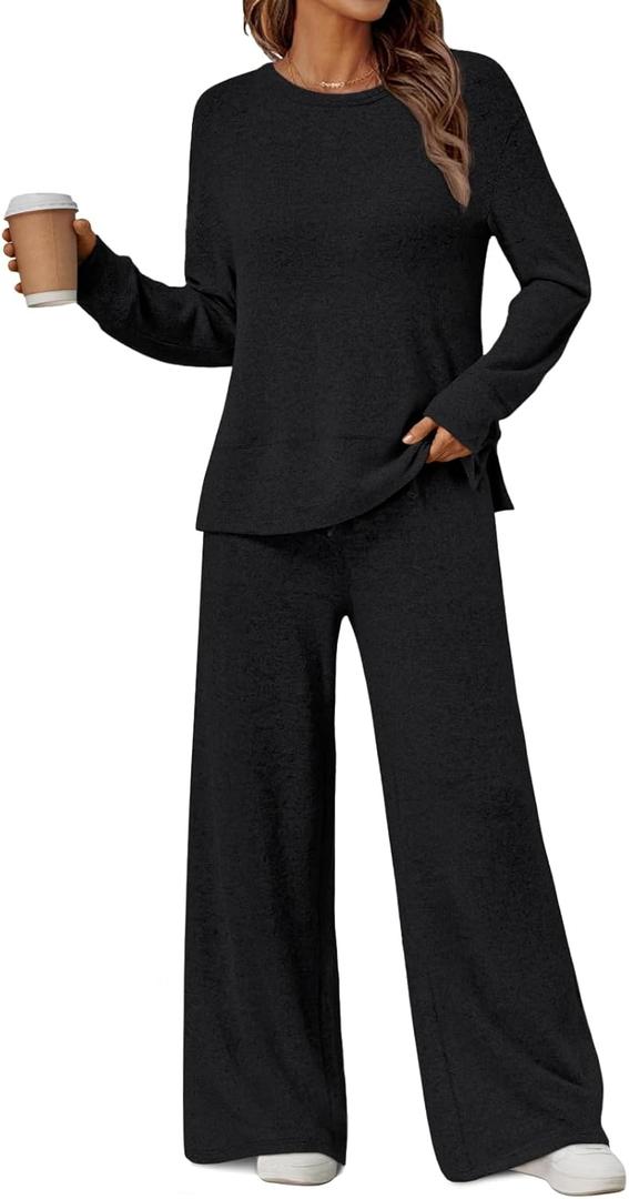 LILLUSORY 2 Piece Lounge Sets Matching Fall Outfits Pajamas Casual Travel 2026 Sweatsuits Wide Leg Clothes Fashion Tracksuits (X-Large, Black)