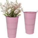 12 Inch Galvanized Metal Vases for Flowers - 2 Pcs Farmhouse Decorative Tall Flower Bucket with Handles, Rustic French Tin Planter Buckets for Wedding Decor (Pink)