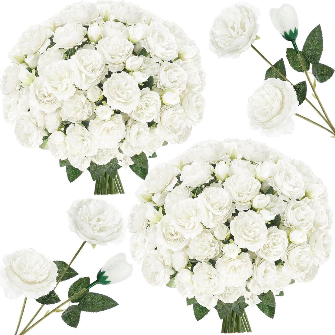 Thiccywoov 36 Bundles Artificial Flowers Peonies Roses 108 Heads Fake Silk Peony Bouquet Floral Arrangements for Wedding Bridal Shower Valentine's Day Table Centerpieces Vase Decoration(White)