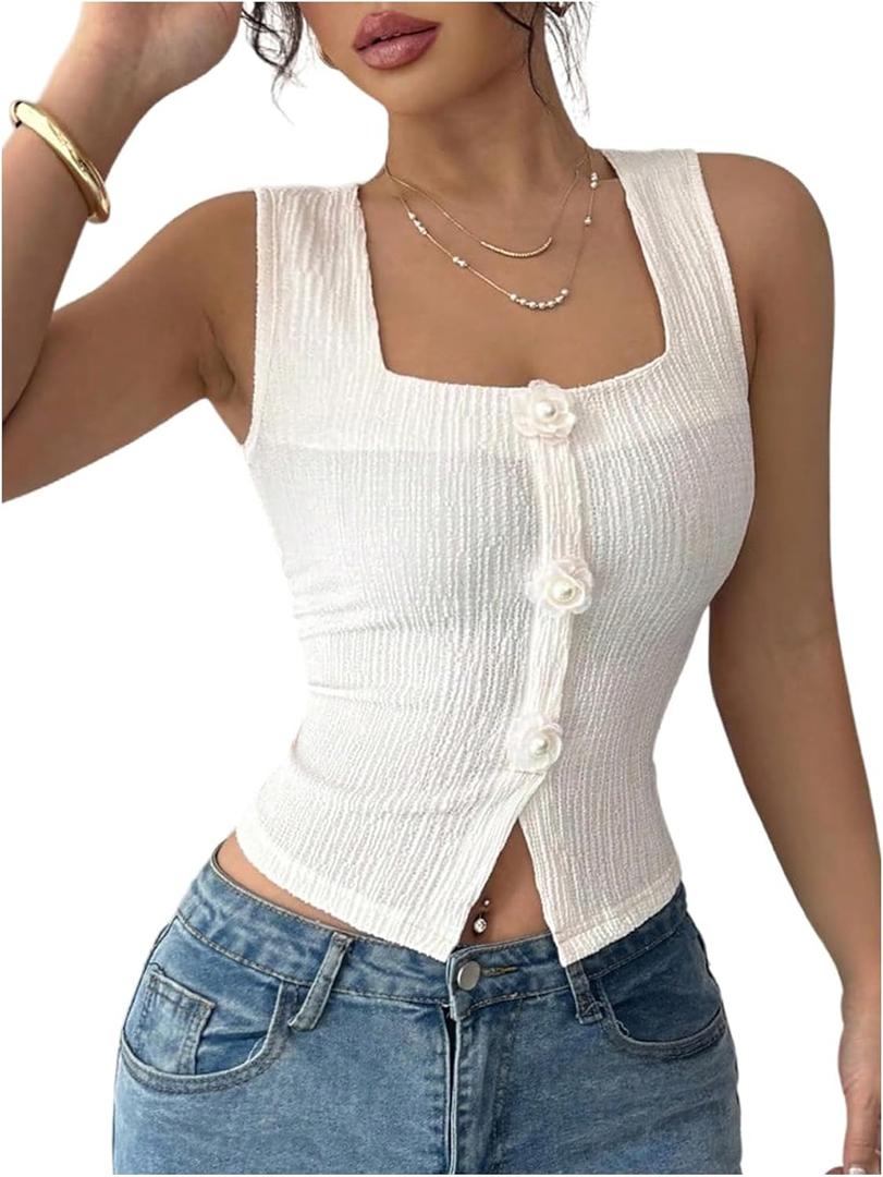 SOLY HUX Women's Tank Tops 3D Floral Square Neck Sleeveless Summer Going Out Crop Top (Beige, S)