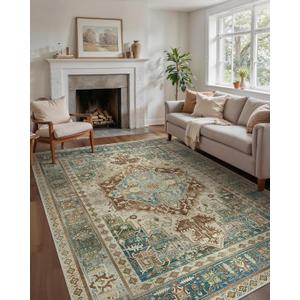 GENIMO 6X9 Area Rugs for Living Room, Machine Washable Vintage Floor Cover Foldable Modern Non Slip Rug, Low Pile Soft Indoor Carpet Floral Print Mat Rug,Bedroom/Dining Room/Home Office,Sage Green
