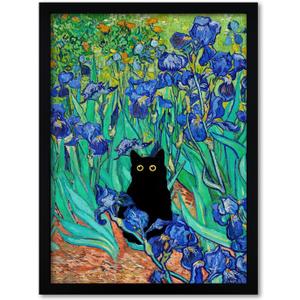 Krtoni Framed Van Gogh Irises Canvas Wall Art, Famous Oil Paintings Garden Flower Black Cat Wall Decor, Impressionism Funny Vintage Print Artwork For Farmhouse Gallery Bathroom 24''L x 16''W