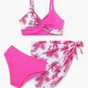 Girls Swimsuit, Bathing Suits 3 Piece Tropical Floral Twist Cross Bikini Sets Girls' Swimwear with Cover Up Skirt 15-16T Pin