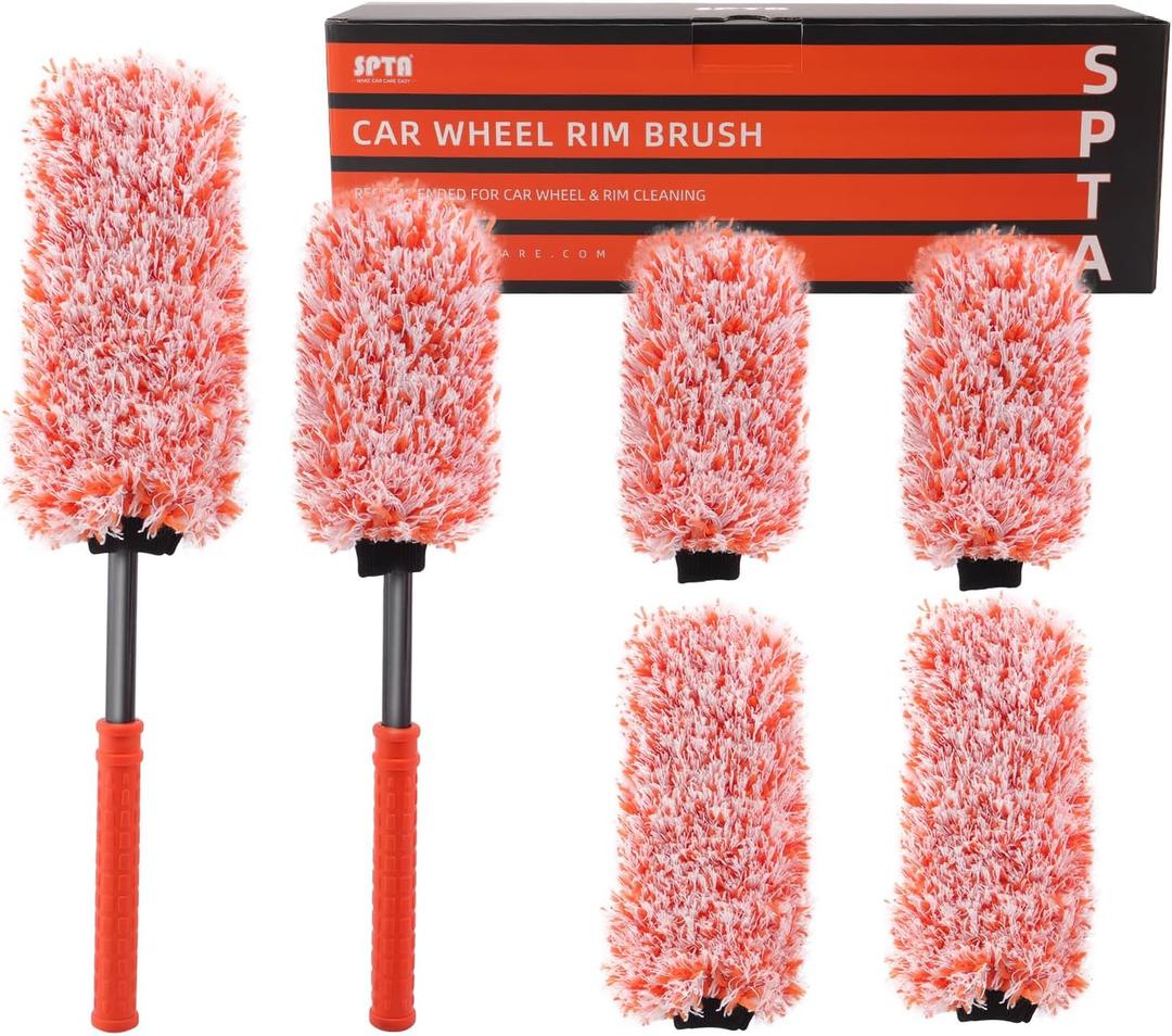 SPTA Car Wheel Brush Set, 2Pcs Microfibre Rim Brush with Extra 2 Large and 2 Small Interchangeable Microfiber Covers, Rim Cleaner Brush for Wheel Cleaning, Wheel Cleaning Brush for All Wheel Types