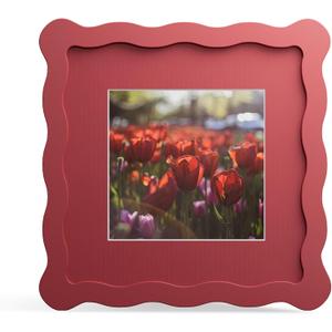 6x6 Picture Frame with Mat for 4x4, Wavy Edge Wooden Real Glass Photo Frame for Tabletop and Wall Hanging, Red, 1 Pack