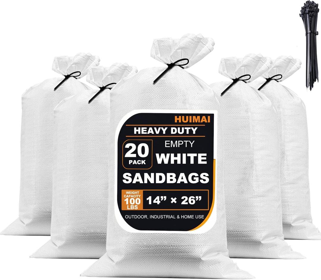 Heavy Duty Sand Bags for Flooding with Tie Strings, 20 Pack Empty Woven Polypropylene Sandbags for Hurricane Flood Control, 100 lbs Capacity, 14x26 inches, White