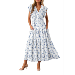 BLENCOT Womens Floral Maxi Dresses Casual Flowy Boho Dresses Summer Ruffle Short Sleeve V Neck Dress with Pockets, Size L