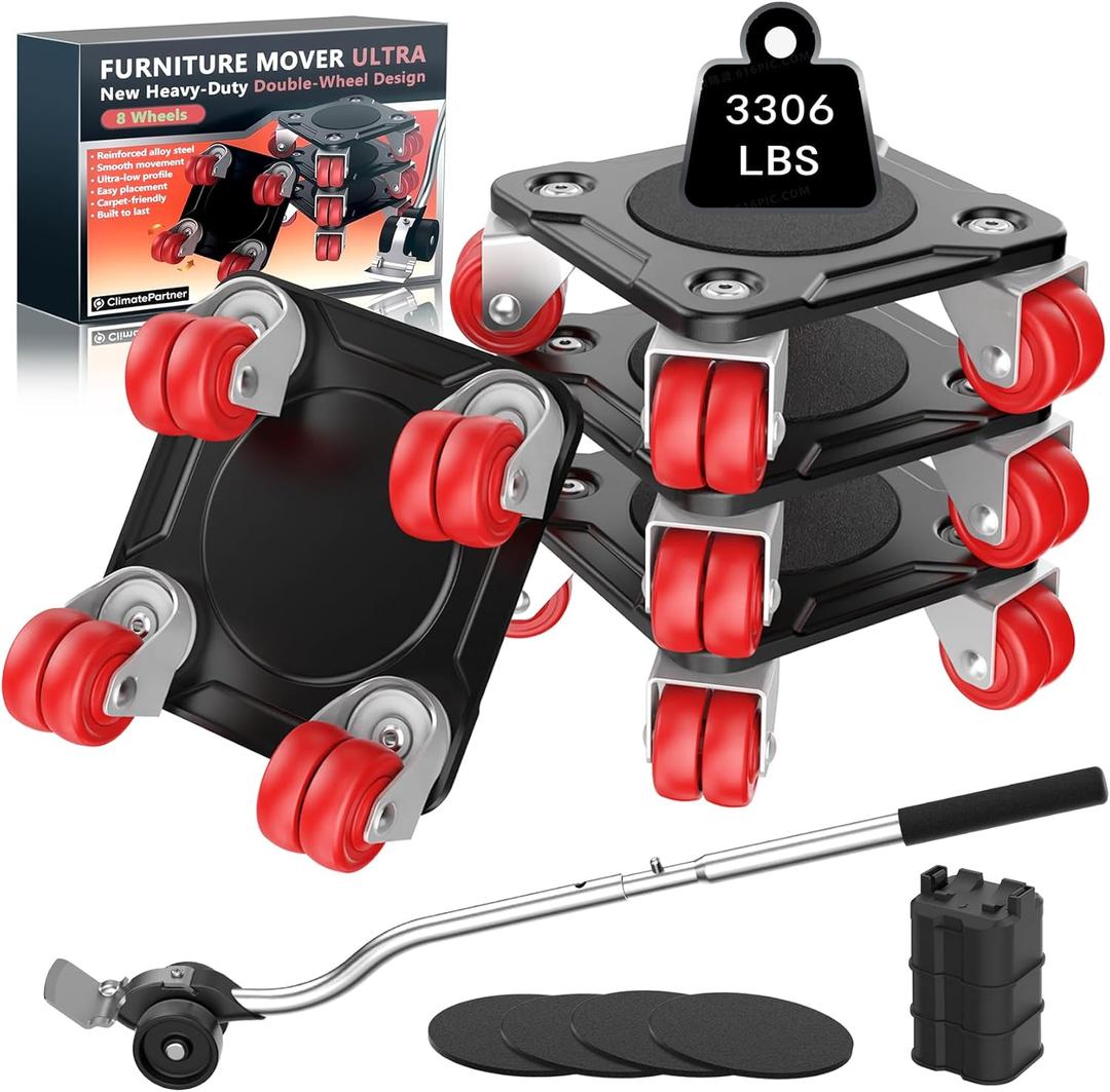 Furniture Movers with 8 Wheels  All New Double-Wheel Design, Full Carbon Steel Heavy Duty Dolly with Lifter, Supports up to 3306 LBS, Stable & Effortless Moving