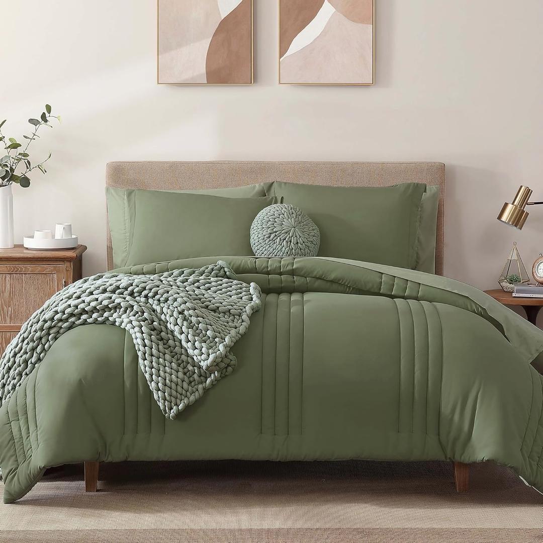Monbix Full Comforter Set - 7 Pieces Light Green Bed in a Bag Full Size Bedding Sets with Comforters, All Seasons Down Alternative Comforter with Sheets,Pillowcases & Shams
