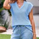 Saodimallsu Women's V Neck Cap Sleeve Lightweight Knit Sweater Top (Blue, Size M