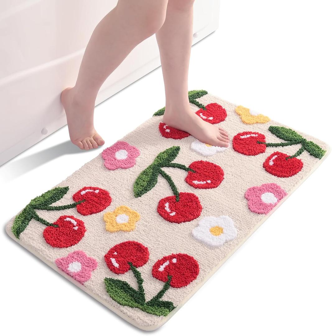 Anybar Beige Bathroom Rugs Cute Cherry Bath Mat Coloful Bathroom Accessories, Funny Flower Rug Non Slip Floor Mat, Machine Washable Bath Rug Soft Microfiber Carpet for Shower, Tub (20x32 inch) (1'8" x 2'8" (Rectangular))