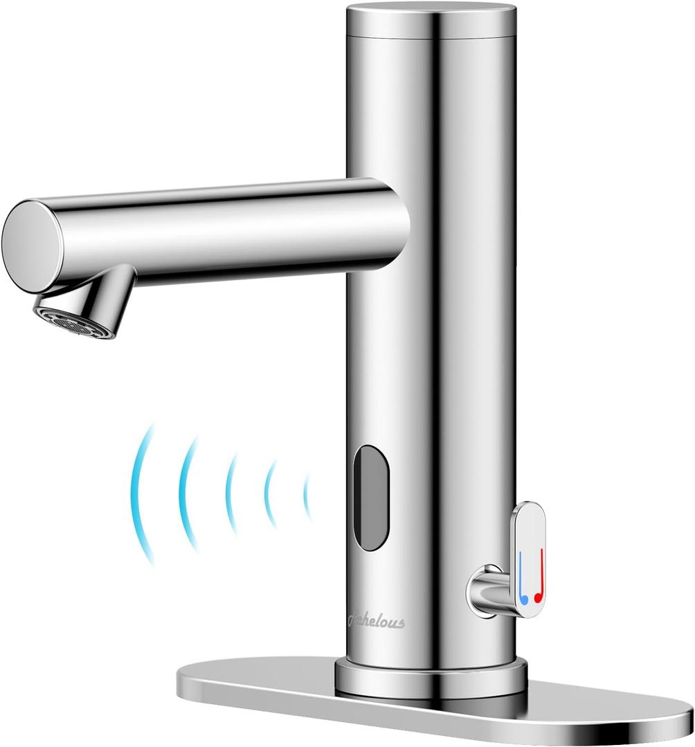 Achelous Automatic Touchless Bathroom Sink Faucet with Deck Plate,Hands Free Infrared Sensor Basin Faucet with Temperature Control, Battery Powered Sensor Bathroom Tap,Chrome