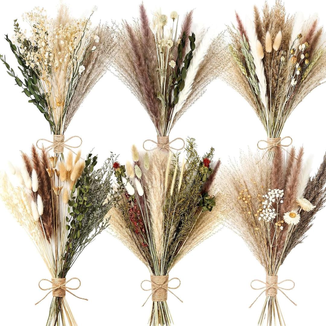 6 Bunches Large Size Dried Flower Bouquet 15 -17 Inch Natural Dried Pampas Grass Decor with Dried Rabbit Tail Grass Eucalyptus with Stems for Vase Boho Wedding Rustic Farmhour Home Floral Arrangement