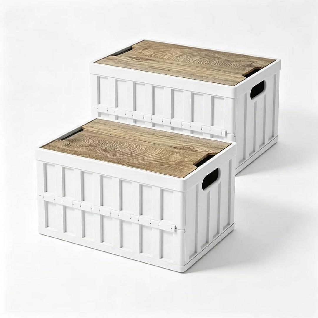 2 Pack White 50L Collapsible Storage Crate Wooden Lid Stackable Bin for Garage RV Car