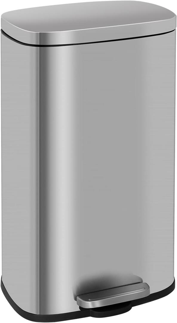 FDW | 8 Gallon Trash Can with Lid | Stainless Steel | Fingerprint Proof | Made of Stainless Steel | Soft-Close Step Pedal | Hands-Free Use | Easy to Clean | for Kitchen, Office, Bathroom
