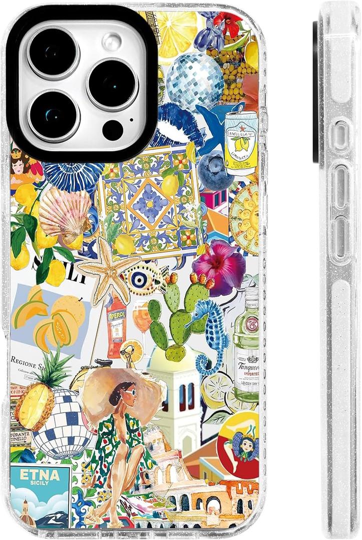 for iPhone 13 & iPhone 14 Case [Military-Grade Drop Protection/Luxurious Soft TPU Protective/Camera Protection/for Women & Girls]-Vibrant Sicilian Mediterranean Collage Art (YellowSun)