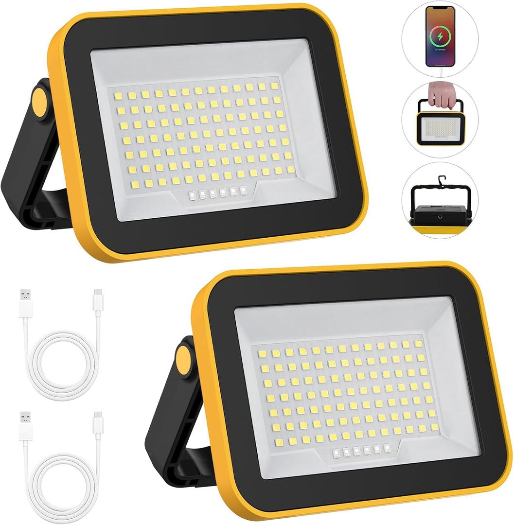 2 Pack Rechargeable Work Light, T-SUNUS Super Bright Portable SMD Flood Lights 5 Modes Battery Powered Job Site Lighting with Stand 180 Adjustable For Car Repairing Camping Fishing Hiking Emergency