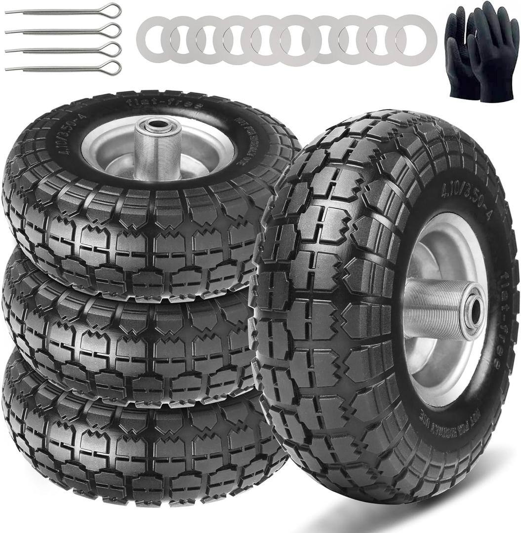 4.10/3.50-4 Tire and Dolly Wheel Flat Free - Solid Rubber Hand Truck Wheels 5/8" Axle - Gorilla Cart Tires Replacement for Garden, Wagon, Yard and Wheelbarrow (10 Inch 4 Pack)