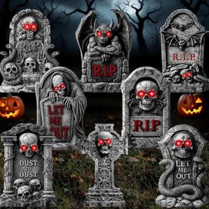 8 Pcs 16 Halloween Tombstones Outdoor Decorations Gravestone Headstone Yard Signs with Stakes LED Eyes Scary Skeleton RIP Graveyard Cemetery Decor for Halloween Home Party Lawn Garden