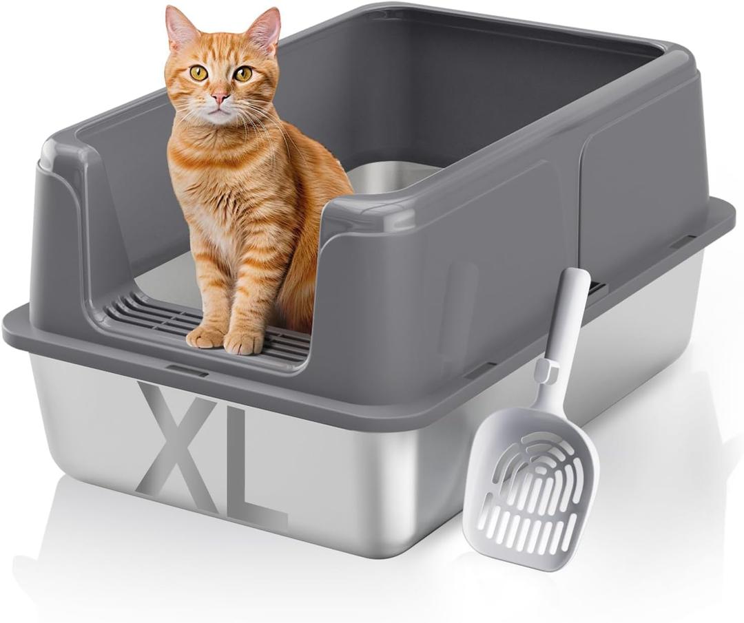 Stainless Steel XL Cat Litter Box for Cats, High-Sided Design Prevents Urine Leakage, Non-Stick, Easy to Clean, Includes Scoop, Gray