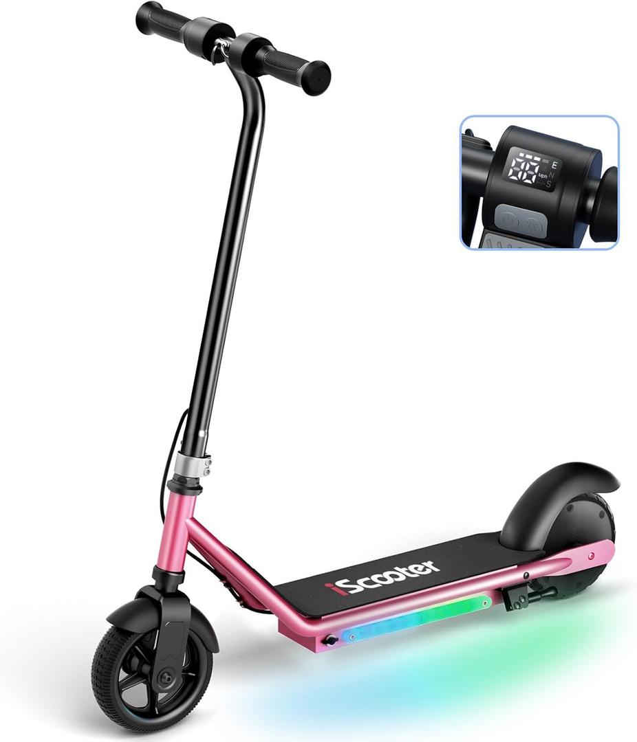 iScooter IK3/IK3Pro Electric Scooter for Kids Ages 6-12, 150W Motor, LED Display, 3 speeds Adjustable,3 Adjustable Heights(IK3Pro),Colorful Lights, Double Brake,Magnetic Charging (Pink)