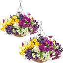Artificial Outdoor Flowers with Hanging Baskets,UV Resistant Faux Petunias Flowers with Hanging Planter for Front Door Porch Spring Outside Decor (1 White,Yellow,Purple,RedViolet)1 Set