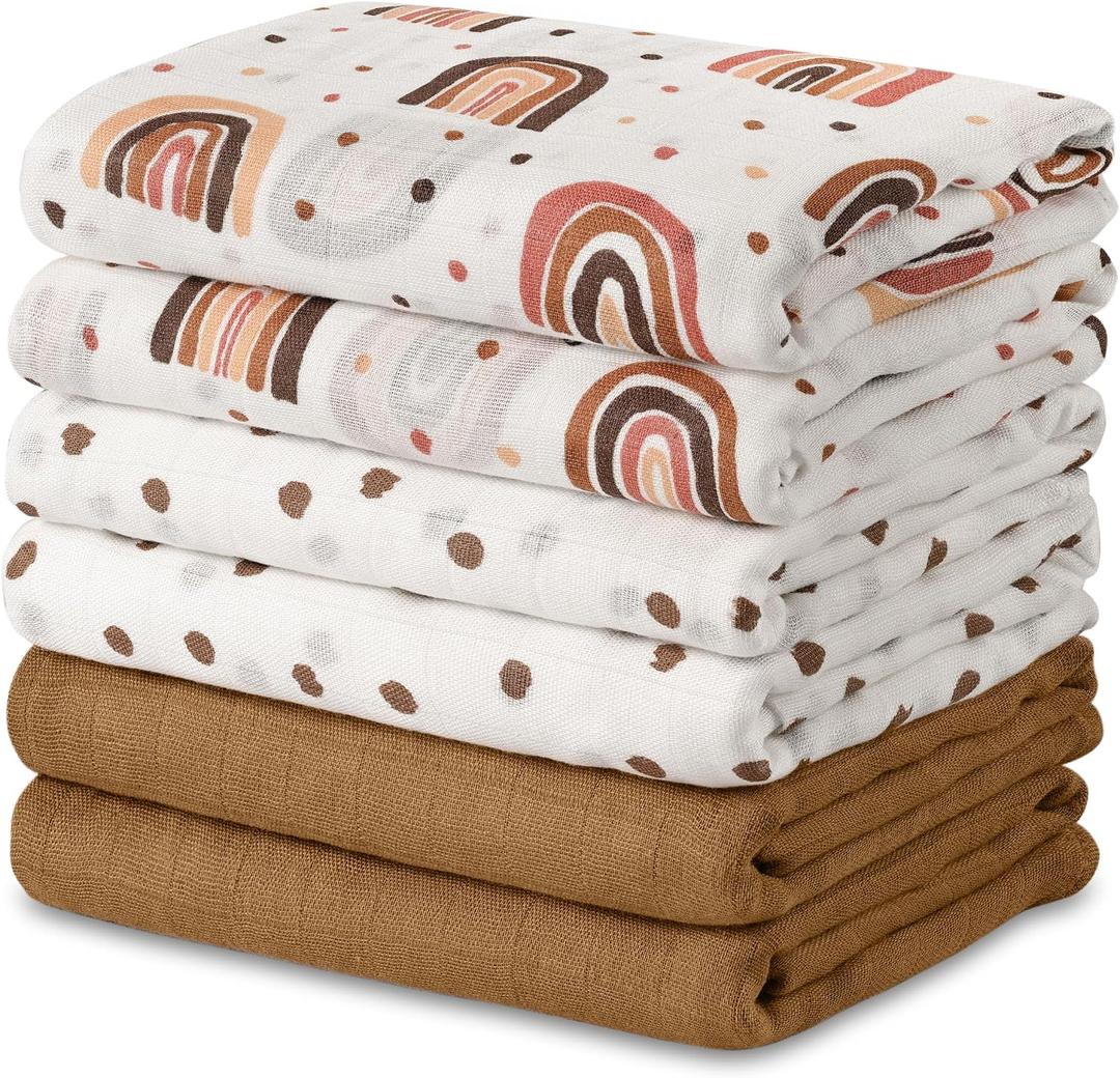 GLLQUEN BABY Receiving Blanket Boy Cotton Muslin Swaddle Blankets Girl Newborn Squares Breathable & Soft Thin Baby Blankets Cloths Double Absorbent Infant Swaddling Wrap - 6 Pack (Rainbow)