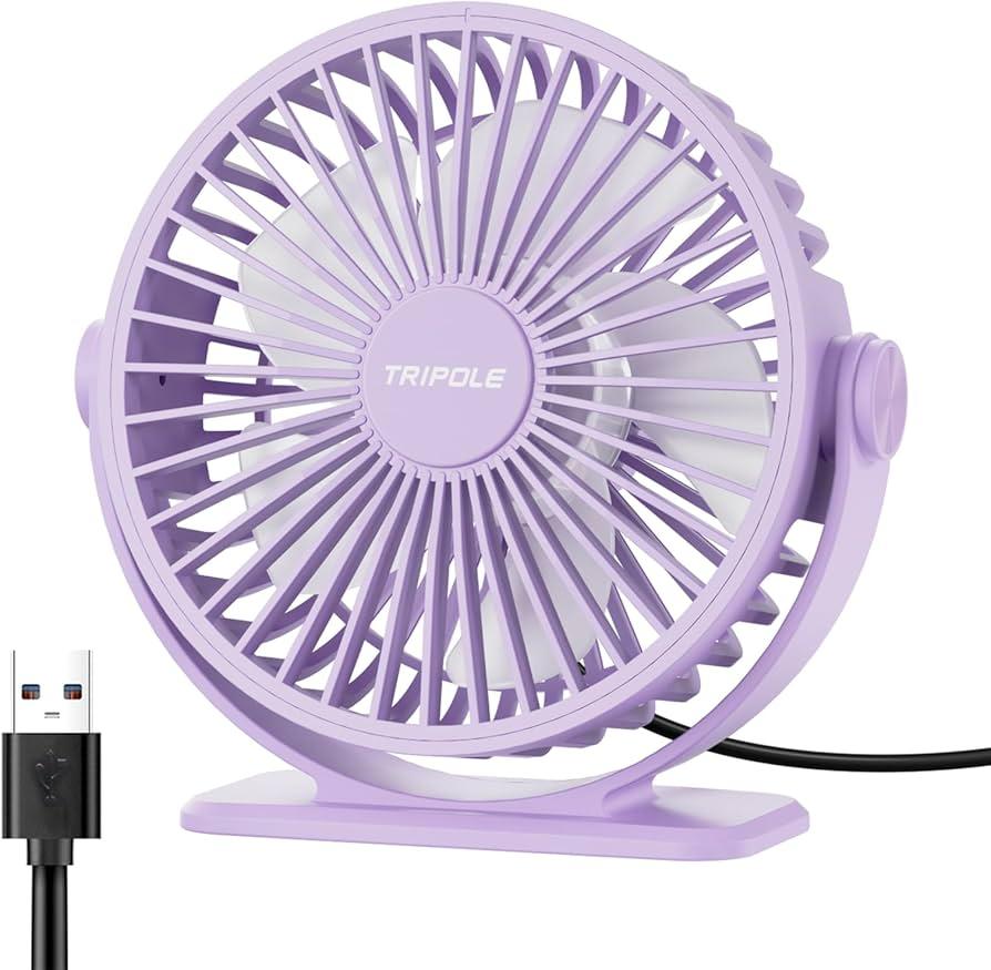 TriPole Desk Fan USB Powered Small Portable Fan, 3 Speeds Adjustable Strong Breeze Mini Personal Fan, 360° Rotation Quiet Plug In USB Fan for Desktop Bedroom Office Table Travel, Purple, 4.9ft Cable