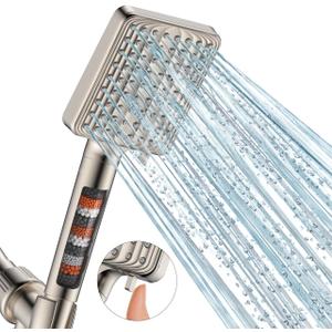 Filtered Shower Head - 6 Modes High Pressure Handheld Shower Head with Filter Mineral Beads, Detachable Handheld Showerhead Set with Stainless Steel Hose and Shower Arm Bracket (Brushed Nickel)