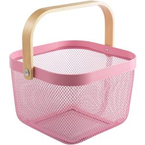 Mesh Steel Storage Organizer Basket Fruit Basket Bin with Wood Handle Ideal for Kitchen Bathroom Picnic Baskets Pantry Cabinets Storage Home Decor (Pink)