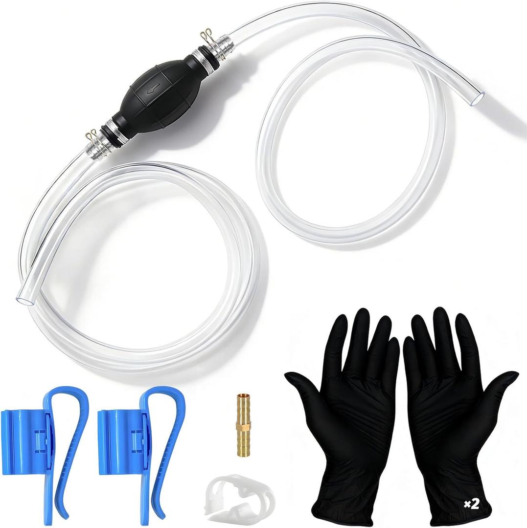 Fuel Transfer Pump, Gas Siphon Pump for Gasoline, Manual Hand Gasoline Transfer Pump for Fuel, Oil, Diesel, Water, Fluid with 10 Ft PVC Siphon Hose, Brass, Metal Buckles, Pinch Clips and Gloves7mm